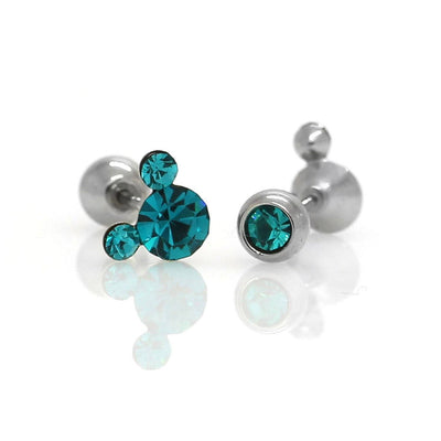 Mickey Mouse Earrings 4mm Turquoise CZ Stud Piercing Screw Back Surgical Steel