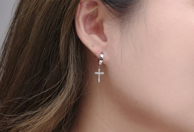 Tiny Cross Earrings Silver Cross Earrings Silver Hoop Earrings Dainty Hoop Earrings Cubic Cross Earrings Black Cross Earrings A Pair