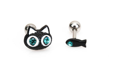 Cat Cartilage Earrings 16g Cat and Fish Helix Earrings Tiny Fish Earrings Screw Ball Surgical Steel Earrings Cute Cat Fish Conch Earrings