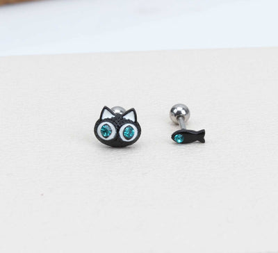 Cat Cartilage Earrings 16g Cat and Fish Helix Earrings Tiny Fish Earrings Screw Ball Surgical Steel Earrings Cute Cat Fish Conch Earrings