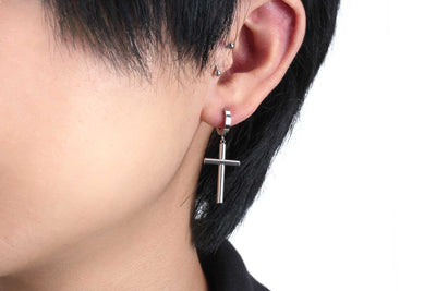 Cross Hoop Huggie Earring Simple Cross Dangle Hoop Earrings Silver Cross Huggie Earring Surgical Steel Hypoallergenic 1 PCS